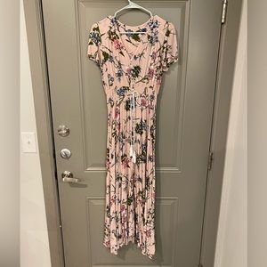 Pink floral short sleeve maxi dress with buttons and tie